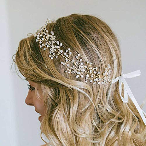 Catery Bride Wedding Headband Gold Crystal Pearl Hair Vine Bridal Hair Accessories for Women-Gold-