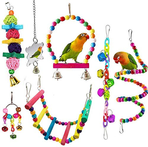 Acidea 7 Pcs Bird Parrot Toys  Hanging Bell Pet Bird Cage Hammock Swing Climbing Ladders Toy Wooden Perch Mirror Chewing Toy for Small Parrots  Conure