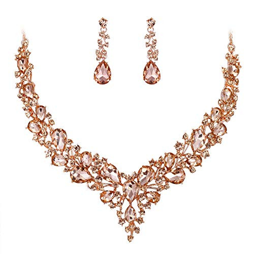 BriLove Wedding Bridal Necklace Earrings Jewelry Set for Women Austrian Crystal Teardrop Cluster Statement Necklace Dangle Earrings Set Peach Morganit BriLove Wedding Bridal Necklace Earrings Jewelry Set for Women Austrian Crystal Teardrop Cluster Statement Necklace Dangle Earrings Set Peach Morganit
