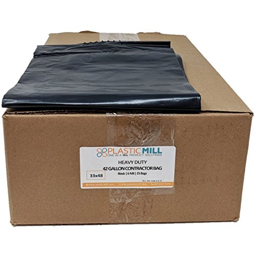 PlasticMill 42 Gallon, Black, 6 MIL, 33x48, 25 Bags/Case, Garbage Bags/Trash Can Liners.