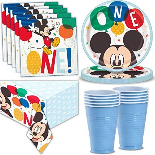 Disney Mickey Mouse 1st Birthday Party Supplies  32 Servings - Large Disposable Plates  Napkins  Blue Cups  Tablecover  Great Tableware and Decoration
