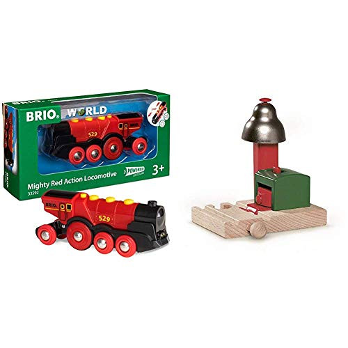 BRIO World 33592 Mighty Red Action Locomotive - Battery Operated Toy Train with Light and Sound Effects and World - 33754 Magnetic Bell Signal - Accesso