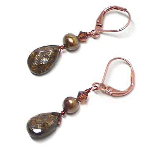 Bronzite Briolette Copper Lever Back Earrings Cultured Freshwater Pearl Swarovski Crystal