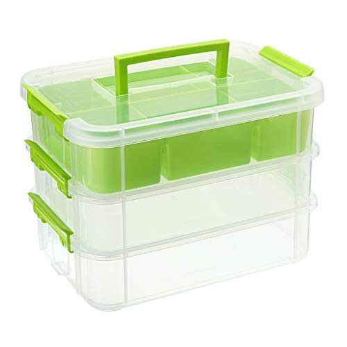 BTSKY 3 Layer Stack and Carry Box  Plastic Multipurpose Portable Storage Container Box Handled Organizer Storage Box with Removable Tray for Organizing