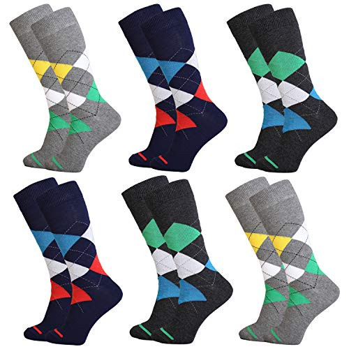 IMOZY Mens Dress Socks- Classic Argyle Crew Socks Pack- Cotton Novelty Socks 6 Pairs