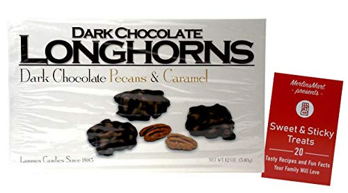 Lammes Candies Gourmet Caramel Chocolate Pecan Gift Box - Chewy Dark Chocolate Covered Longhorns Caramel Clusters -1 box - 12 ounces- Plus Recipe Book