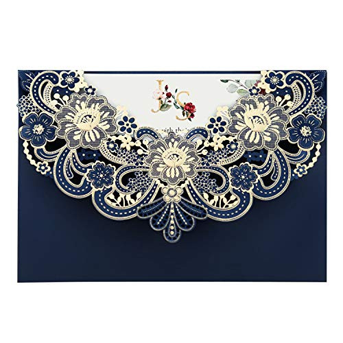 Doris Home 25pcs navy blue Laser Cut Flora Lace invitation cards with envelopes for wedding invitations  Bridal Shower  Engagement  Birthday  Bachelor