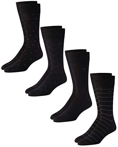 Calvin Klein Mens Dress Socks - Cotton Blend Mid-Calf Patterned Crew Socks -4 Pack-  Size Shoe Size 7-12  Black