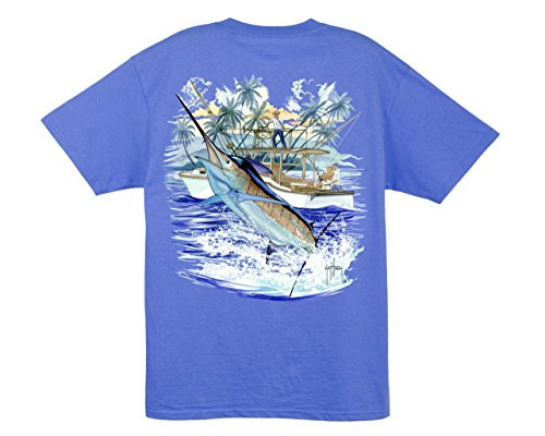 Guy Harvey Mens Marlin and Boat 2 Pocket T-shirt -Small  Ocean Blue-