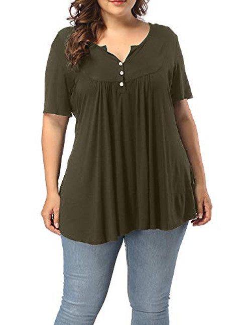 Allegrace Womens Plus Size Henley V Neck Button Up Tunic Tops Casual Short Sleeve Ruffle Blouse Shirts Army Green 4X