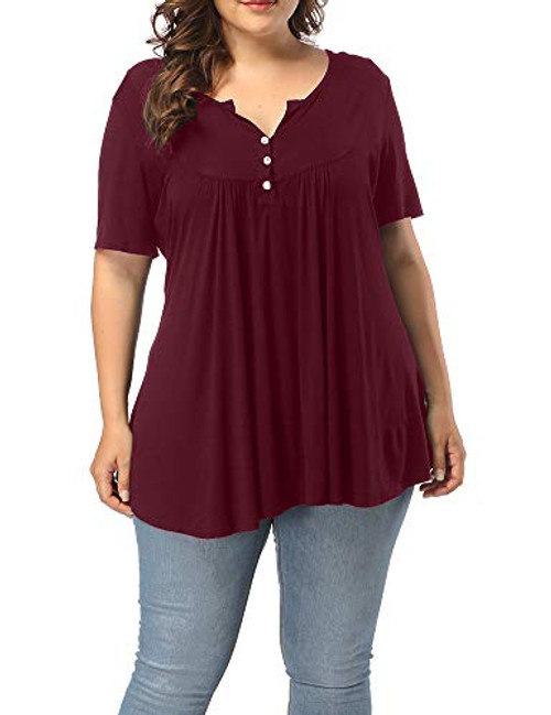 Allegrace Womens Plus Size Henley V Neck Button Up Tunic Tops Casual Short Sleeve Ruffle Blouse Shirts Wine Red 4X