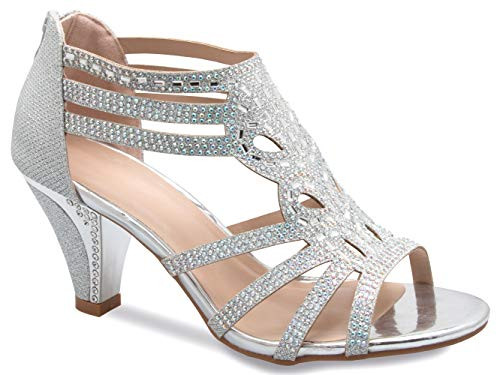 Olivia K Womens Open Toe Strappy Rhinestone Dress Sandal Low Heel Wedding Shoes White Glitter - Adorable  Comfortable