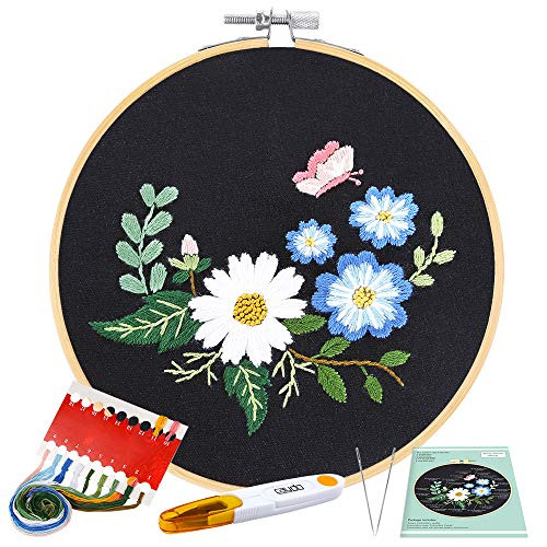 Caydo Full Range Embroidery Starter Kit with Pattern and Instructions  Embroidery Clothes with Floral Pattern  Bamboo Embroidery Hoops  Color Threads