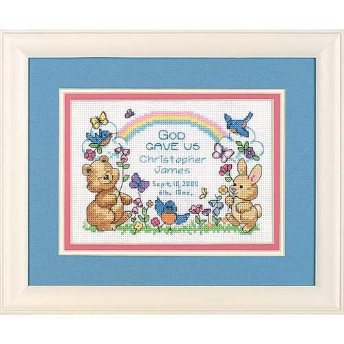 DIMENSIONS Counted Cross Stitch Kit Gods Babies Birth Record Personalized  14 Count White Aida  7 W x 5 H
