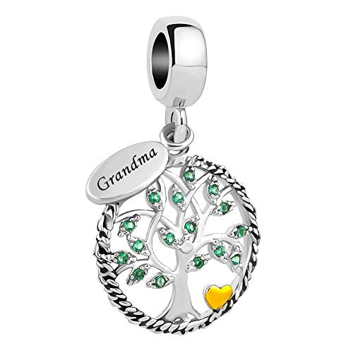 Charmed Craft Dangle Love Family Tree of Life Charms Green Crystal Beads for Snake Chain Bracelets -Grandma-