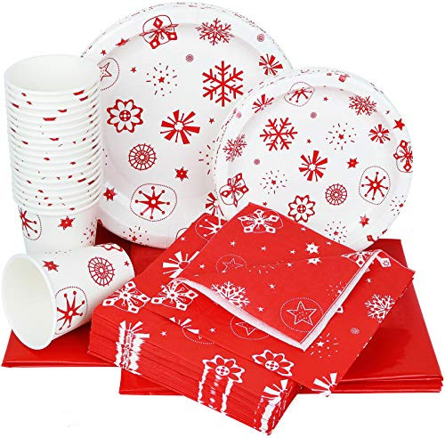 Galashield Christmas Disposable Dinnerware Set Supplies for 30 Guests Includes Paper Plates  Cups  Napkins  and Tablecloths