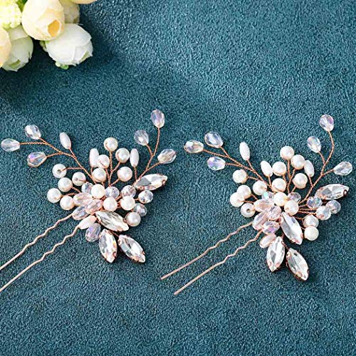 Unicra Wedding Hair Pins Pearl Hairpins Hair Set Crystal Jewelry Decorative Bridal Hair Accessories Pack of 2 -Rose Gold-
