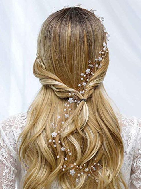 Unicra Bride Long Wedding Flower Hair Vines Bridal Pearl Headpieces Wedding Crystal Hair Pieces Hair Accessories for Women and Girls -Rose Gold-
