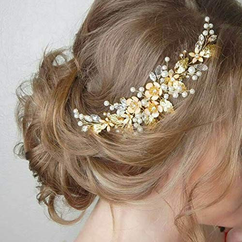 Unicra Bride Flower Wedding Hair Vine Bridal Crystal Hair Piece Pearl Hair Accessories for Women and Girls -Gold-