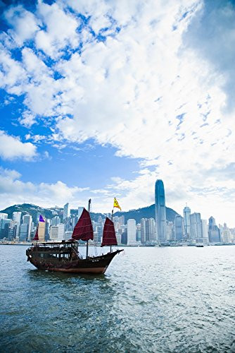 Posterazzi China Hong Kong Island converted for tourists rides around Victoria Harbor Traditional Chinese Junk boat Poster Print  -12 x 19-