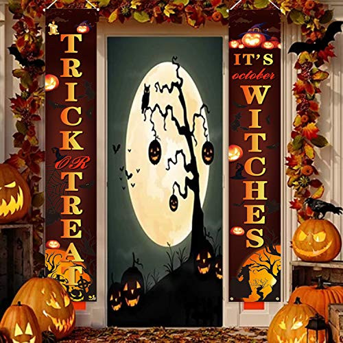 Halloween Banner Hanging Decorations of HOWAF  Trick or Treat Banner Door Sign Halloween Outdoor Banner Party Supplies for Halloween Door Porch Decor