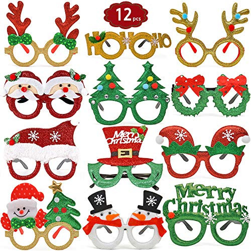 12 Pieces Christmas Glasses Frame Glitter Party Glasses Christmas Decoration Costume Eyeglasses for Xmas Holiday Favors  Christmas Parties