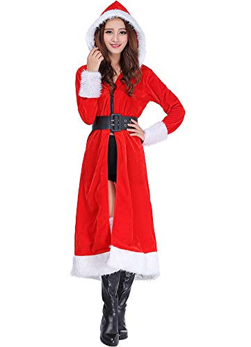 Christmas Costume Mrs Santa Claus Cloak Velvet Hooded Cape Fancy Dress with Belt-Free Size- Red