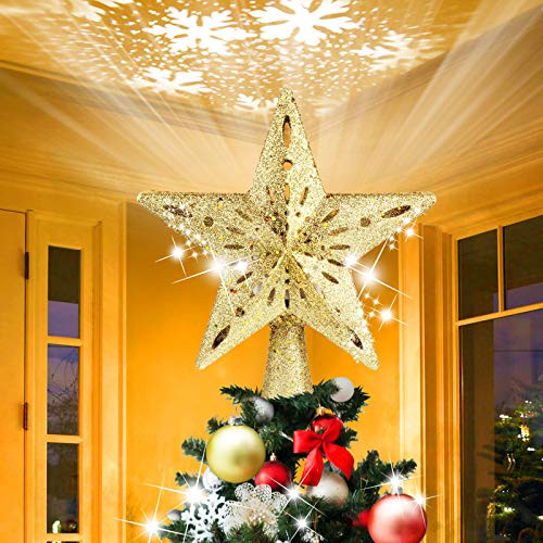 AHNNER Christmas Tree Topper  Star Tree Topper with Rotating LED Snowflake Projector Light  3D Hollow Glitter Gold Lighted Tree Topper for Xmas Tree D