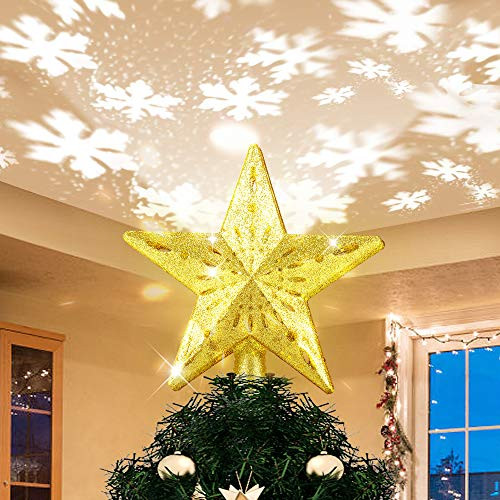 Yostyle Christmas Tree Topper Lighted Star Tree Topper with LED Rotating Snowflake Projector Lights 3D Hollow Golden Star Snowflake Tree Topper for Xm