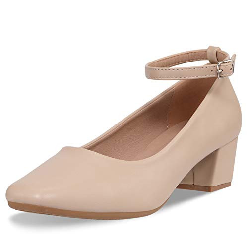 CINAK Low Heel Chunky Heels Dress Shoes for Women- Comfortable Ankle Strap Pumps Square Toe Ladies Mary Jane Beige