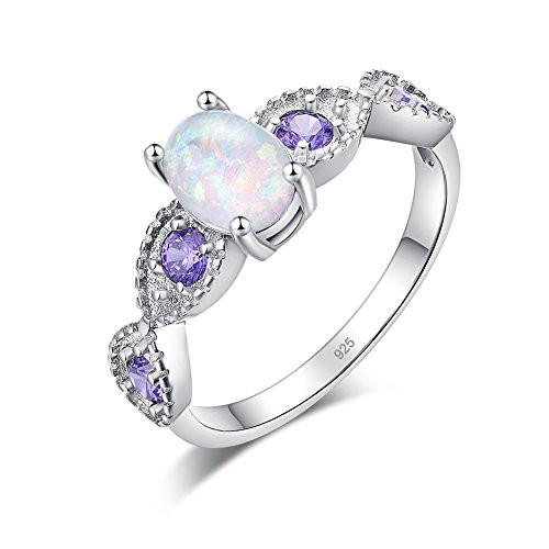 CiNily White Fire Opal Amethyst Women Jewelry Gemstone Silver Ring Size 8