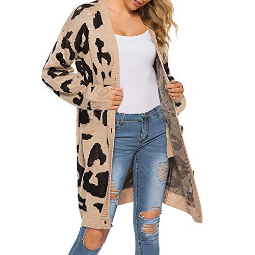 Open Front Sweaters Loose Knit Women Leopard Cardigan Pockets Long Sleeve Coat Khaki