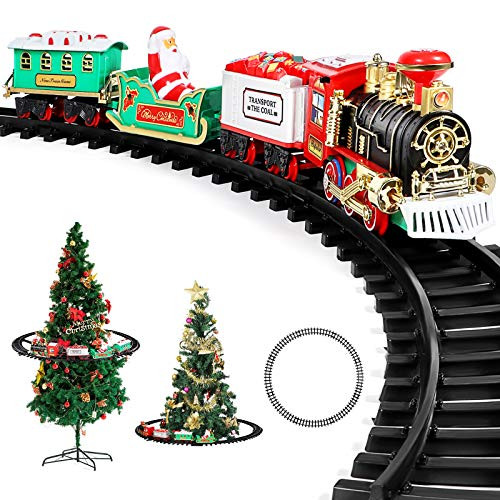 AOKESI Toy Train Set with Lights and Sounds - 2020 Updated Christmas Train Set - 30 Round Railway Tracks for Under-Around The Christmas Tree Battery Op
