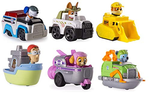 Paw Patrol Rescue Racers Set of 6. Robo Dog, Skye Spaceship, Tracker Jungle Pup, Rubble, Rockys Boat, and Captain Turbot's Boat. Including Blizy Keychain.