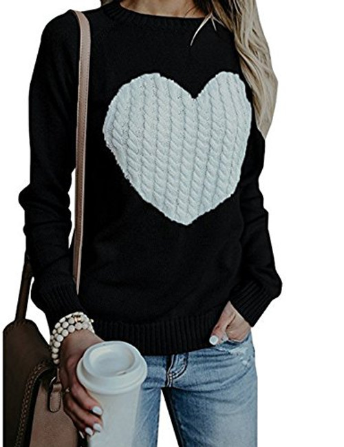 Cogild Womens Pullover Sweater Long Sleeve Crewneck Cable Knit Heart Cute Sweater Black