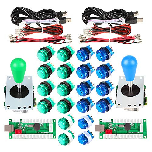 Avsiri 2 Player LED Arcade DIY Parts 2X USB Encoder + 2X Ellipse Oval Style Joystick + 20x LED Arcade Buttons for PC MAME Raspberry Pi Windows (Green & Blue Kit)