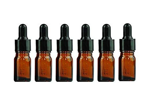 6Pcs Empty Refillable Amber Glass Essential Oil Dropper Bottles Cosmetic Sample Container Vial Jars With Glass Eye Dropper and Black Caps-5ml-0-17oz-