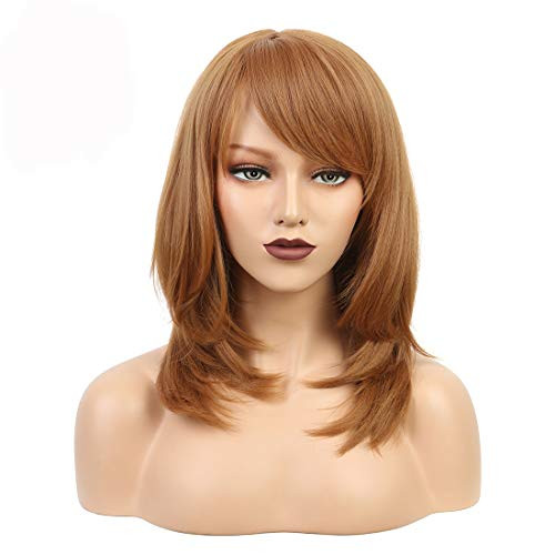 Wiginway Short Wig with Oblique Bang Natural Yaki Straight Synthetic for Women Dark Auburn Wigs Heat Resistant Natural Fiber