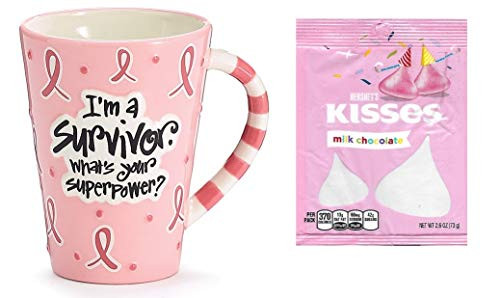 Burton and Burton 'Im A Survivor, Whats Your Superpower? Pink Coffee Mug, 12oz, and Bag of Hershey Pink Kisses 2.7 oz. Gift Set