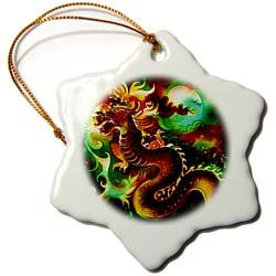 3dRose orn-116228-1 Colorful Chinese Dragon in The Moonlight Digital Oriental Art Snowflake Porcelain Ornament  3-Inch