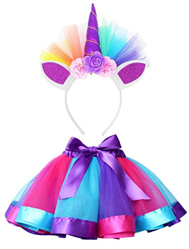 LYLKD Little Girls Layered Rainbow Tutu Skirts with Unicorn Horn Headband -Royal Blue  4-8X-