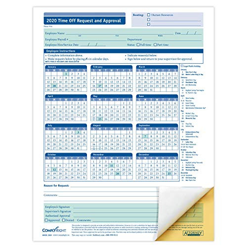 ComplyRight 2020 Time Off Request and Approval Form  2-Part  Pack of 50 -A00302020AMZ-