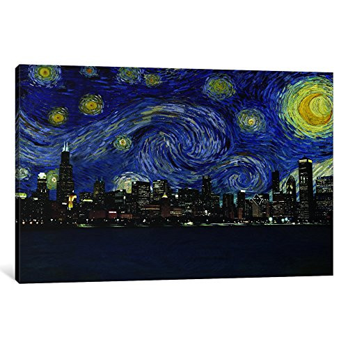 iCanvasART 1 Piece Chicago Illinois Starry Night Skyline Canvas Print by Kane, 18" x 12"/0.75" Depth
