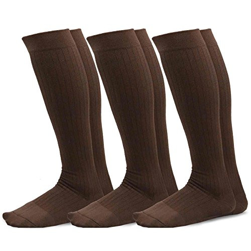TeeHee Microfiber Compression Knee High Socks with Rib 3-Pack -Large -10-13-  Brown-