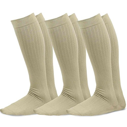 TeeHee Microfiber Compression Knee High Socks with Rib 3-Pack -Medium -9-11-  Beige-