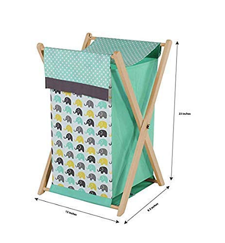 Bacati Elephants Unisex Hamper Cover with Natural Finish Wood Frame and Mesh Liner  Mint-Yellow-Grey