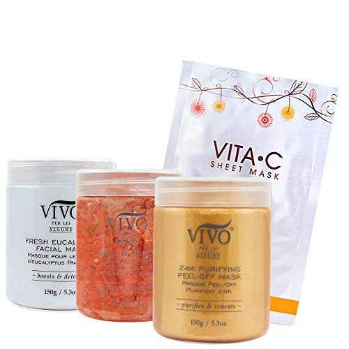 4 Pack Vivo Per Lei 24K Gold Purifying Mask  Rose Blossom Face Mask  Eucalyptus Detox Mask and Vitamin C Sheet Mask
