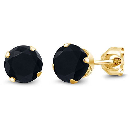 Gem Stone King 0-92 Ct Round 5mm Black Onyx 18K Yellow Gold Plated Silver Stud Earrings