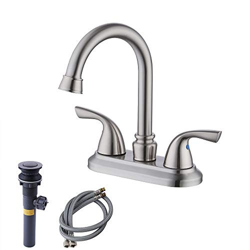 KES LEAD-FREE BRASS Two Handle Bathroom Faucet with Drain Assembly Lavatory Vanity Sink Faucet 4-Inch Centerset Morden Square Hotel Style Brushed Nickel, L4109A1LF-BN