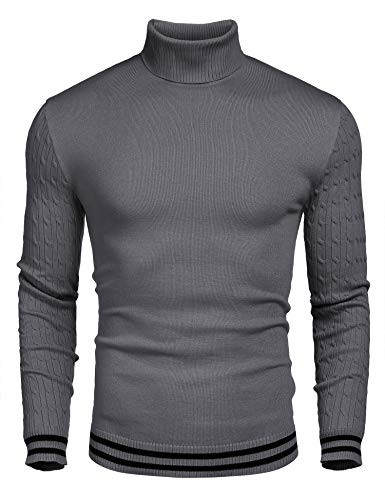 COOFANDY Mens Basic Ribbed Thermal Knitted Pullover Slim Fit Turtleneck Sweater Grey Small